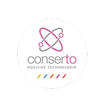 Soon Architecture - Logo de Conserto avec le slogan « Positive Technologie » sous un symbole atomique stylisé. Cinq lignes colorées apparaissent au bas du motif circulaire.