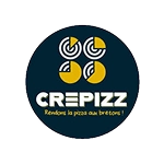 Soon Architecture - Logo aux formes géométriques jaunes et blanches au-dessus du mot CREPIZZ en lettres blanches et grasses sur un cercle foncé. En dessous, le slogan « Rendons la pizza aux bretons ! » en plus petit texte jaune.