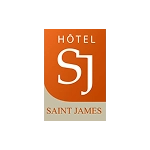 Soon Architecture - Logo de l'Hôtel Saint James comportant un rectangle orange stylisé avec HÔTEL SJ en texte blanc au-dessus de SAINT JAMES en or en bas.